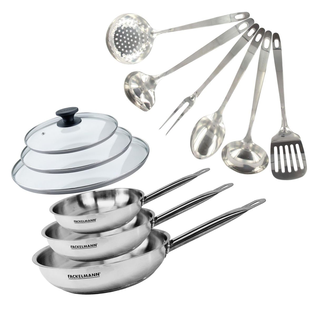 Fackelmann 9440550 Pfannen-Set, 3-teilig, 20, 24 und 28 cm, aus Edelstahl 18/8, 3 Glasdeckel und 6 Küchenutensilien, Pfanne für alle Herdarten, Induktion, Pfanne ohne PFAS, genieteter Griff, Edelstahl