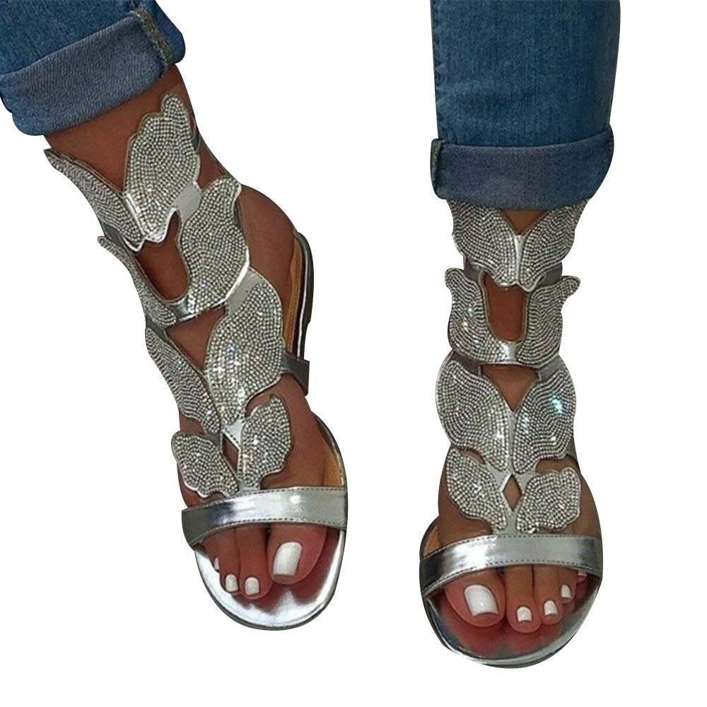 Eleganti Sandali da Donna con Strass, Morbuy Comode Scarpe Basse Estive Moda Infradito da Spiaggia con Cerniera Bohemia Pelle Punta Aperta Viaggio Spiaggia Sandals (Argento,EU39=CN40=250mm