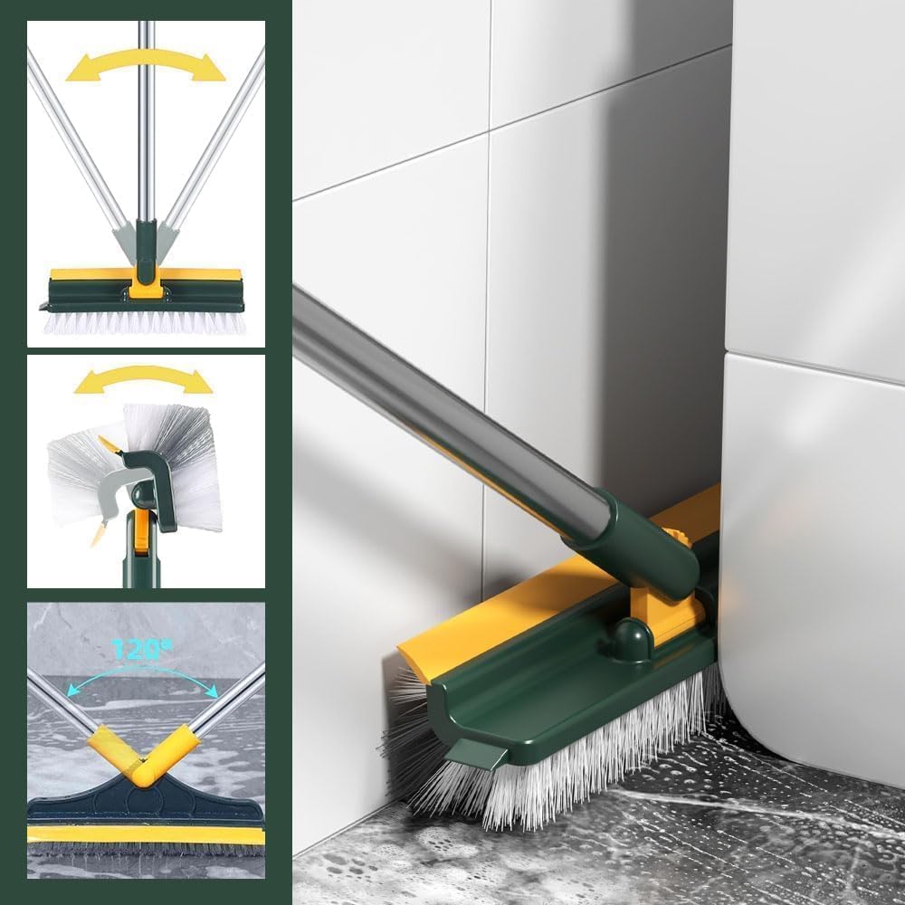 Floor Scrub Brush with Long Handle,3 in 1 Multifunction Scrape Cleaning,180°Rotating Stiff Bristle(White)
