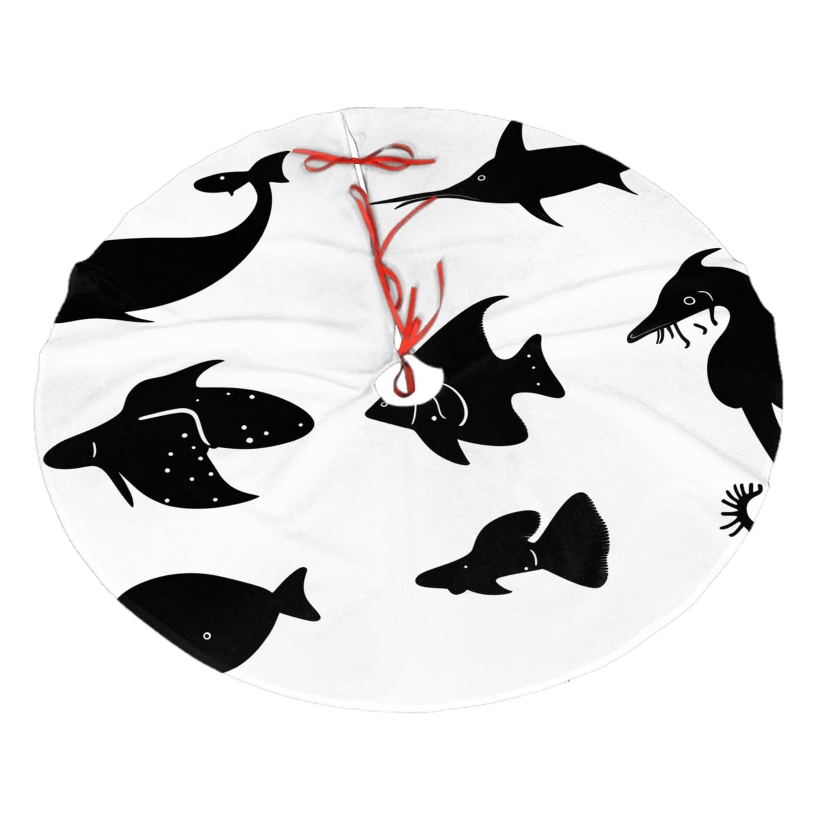 Black and White Fish Printed Christmas Tree Skirt Christmas Plush Tree Skirt 36 inches (about91 cm) ChristmasIndoor and Outdoor