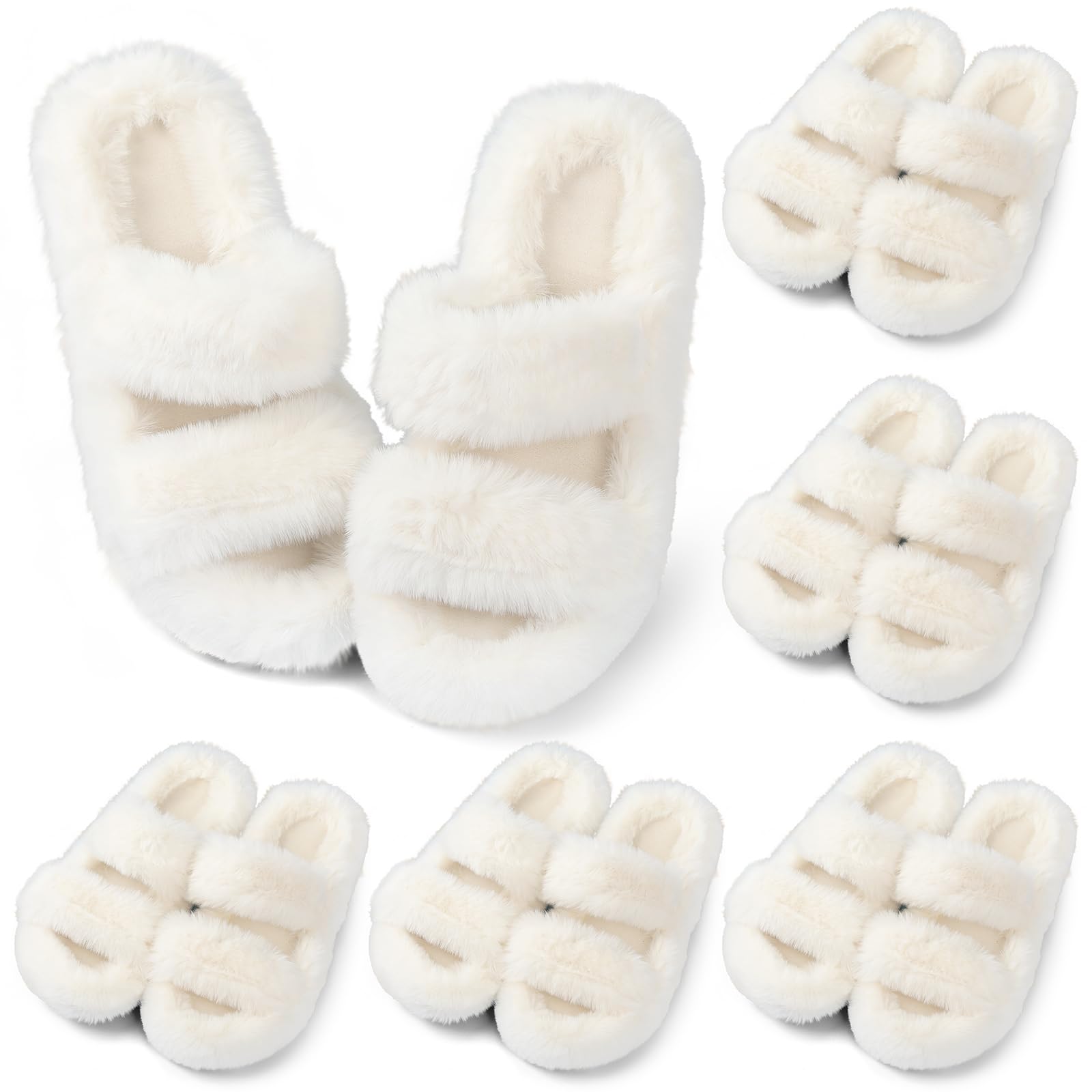 Toulite Bridesmaid Slippers Set of 6 White Fuzzy Slippers for Women Bulk Fluffy Furry Open Toe Soft House Shoes