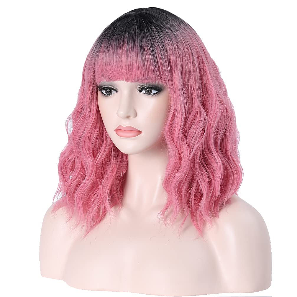 BERON 14 Inches Black Pink Ombre Wig Short Curly Wig with