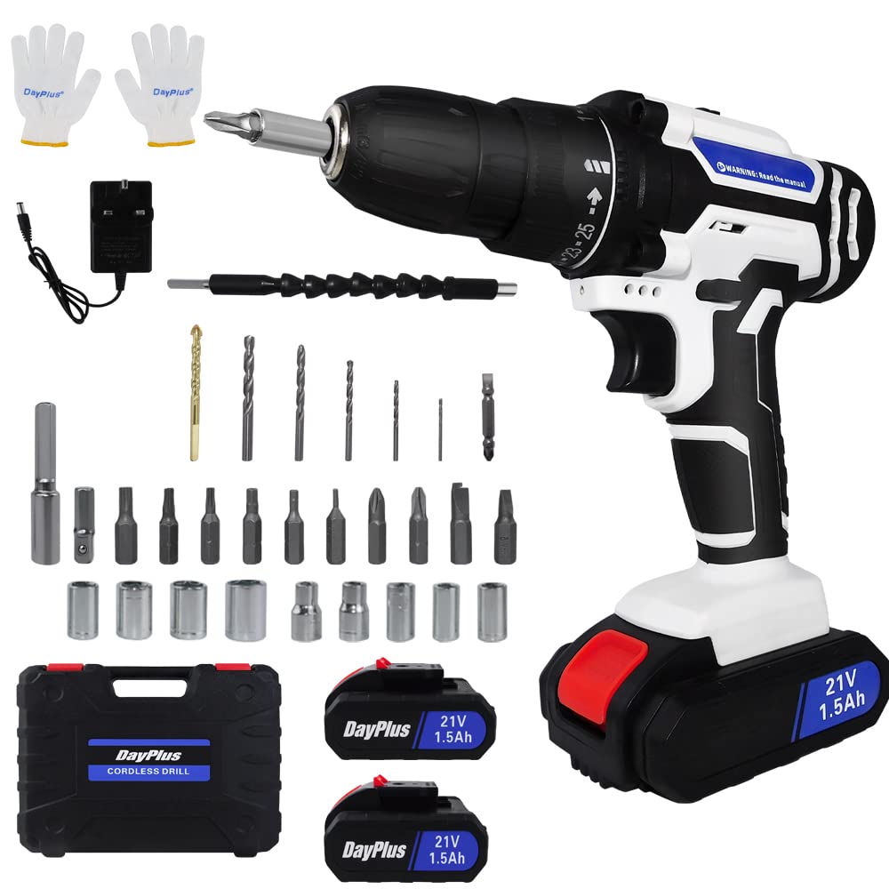 21V Cordless Power Drill Set,Impact Drill Screwdriver with 2 Speed,25+1 Torque 3/8" Keyless Chuck Driver,Electric Drill with LED Light,2×1.5AH Li-ion Batteries,Fast Charger,26 Accessories,1 Kitbox
