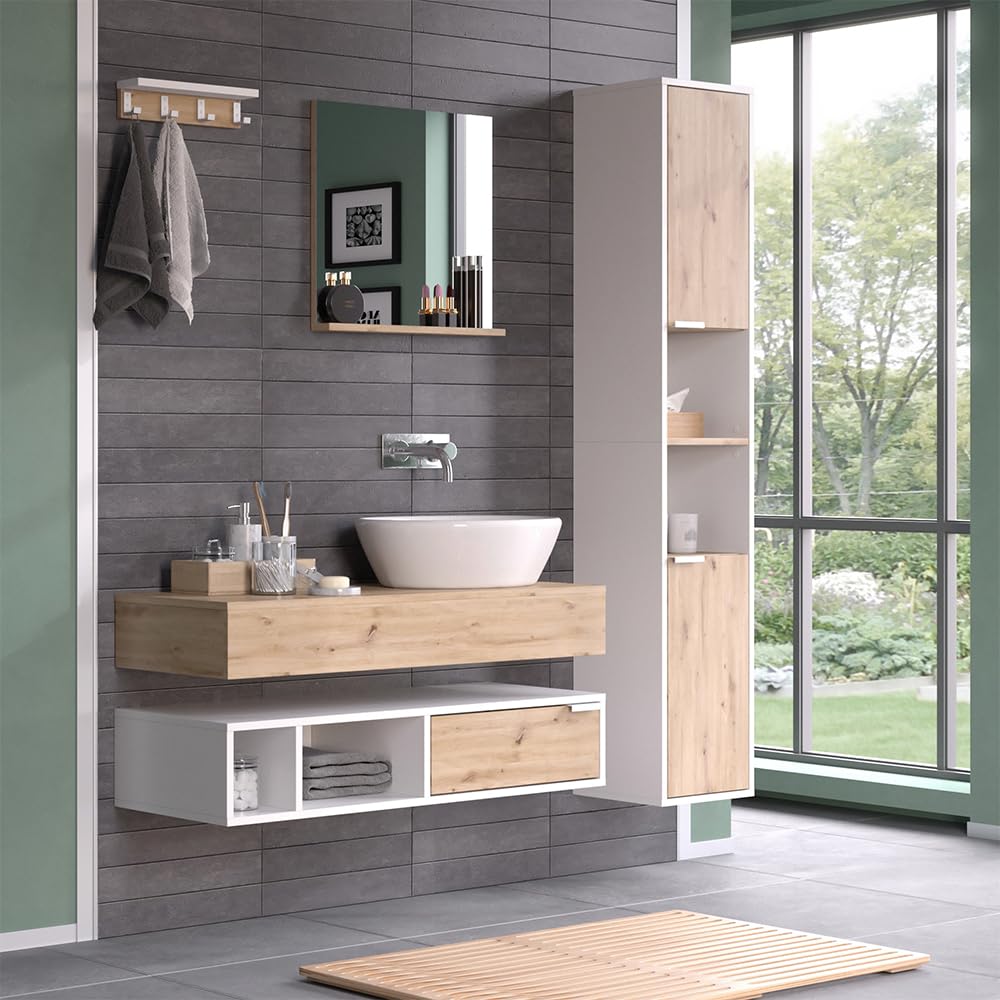 Vicco Espejo de baño Henri, Blanco, 50 x 51.6 cm con Estante, para Montaje bajo el Lavabo con Recorte para sifón
