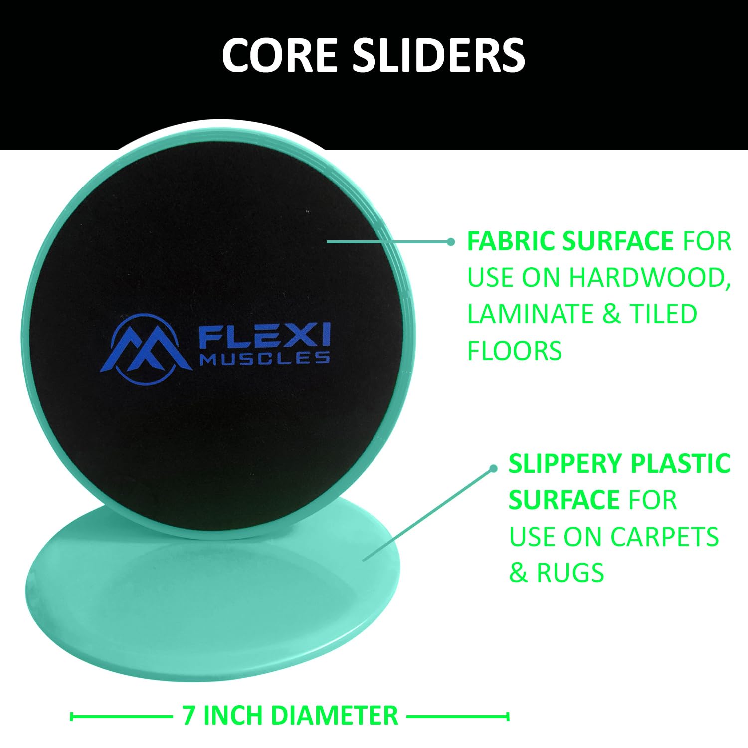 FLEXI MUSCLES Core Sliders Discos deslizantes de doble cara para uso en alfombras o suelos de madera dura. Equipo de fitness ideal para entrenamiento abdominal y piernas., Verde