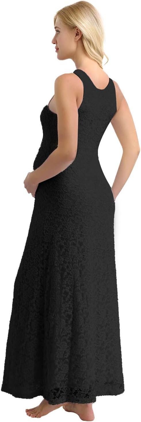 iiniim Women's Overlay Lace Baby Shower Party Sleeveless Long Length Maternity Dress