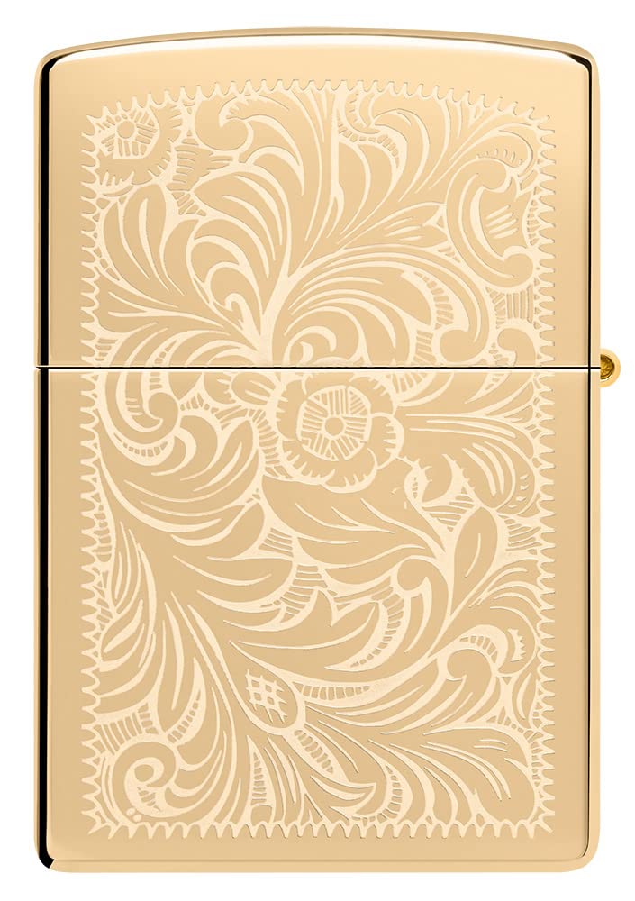 Zippo Encendedor a Prueba de Viento - Modelo Venetian - Acabado de Latón Pulido Brillante - Lustroso - Recargable - Reutilizable - Diseño a Prueba de Viento - Caja de Regalo - Hecho en EEUU