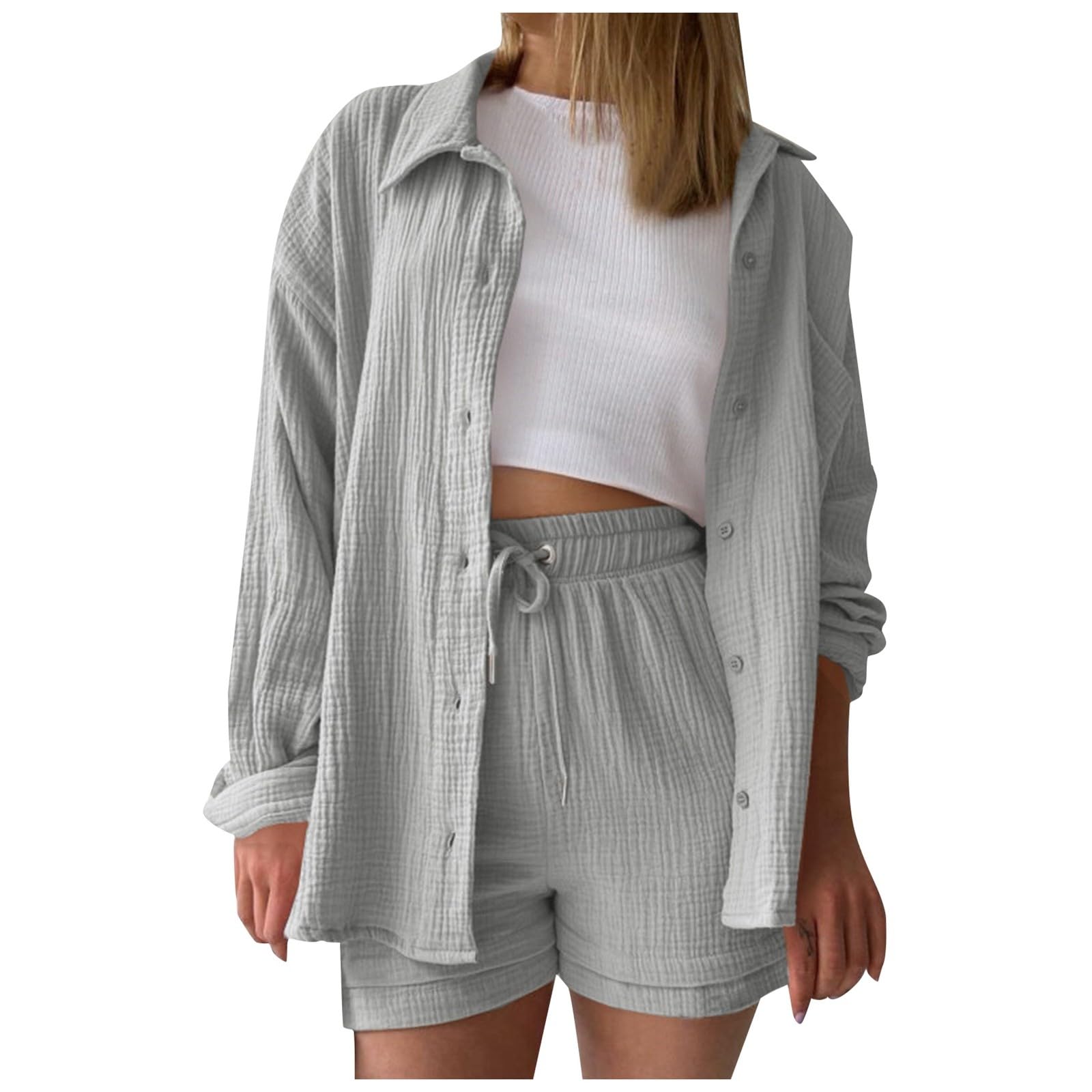 GOSEAGOTOFUN Two Piece Travel Sets for Women Long Sleeve Button Down Shirts and Shorts Set Casual Summer Oversized Tracksuit