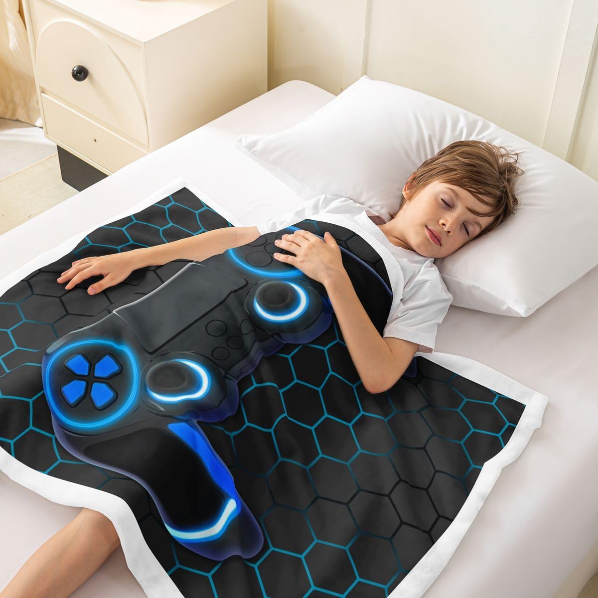 Castle Fairy Cartoon Gamepad Plush Throw Blanket for Sofa Couch Geometric Honeycomb Flannel Fleece Blanket for Boys Teens,3D Gaming Bed Blankets Room Decor 40"x50",Black Blue image 3