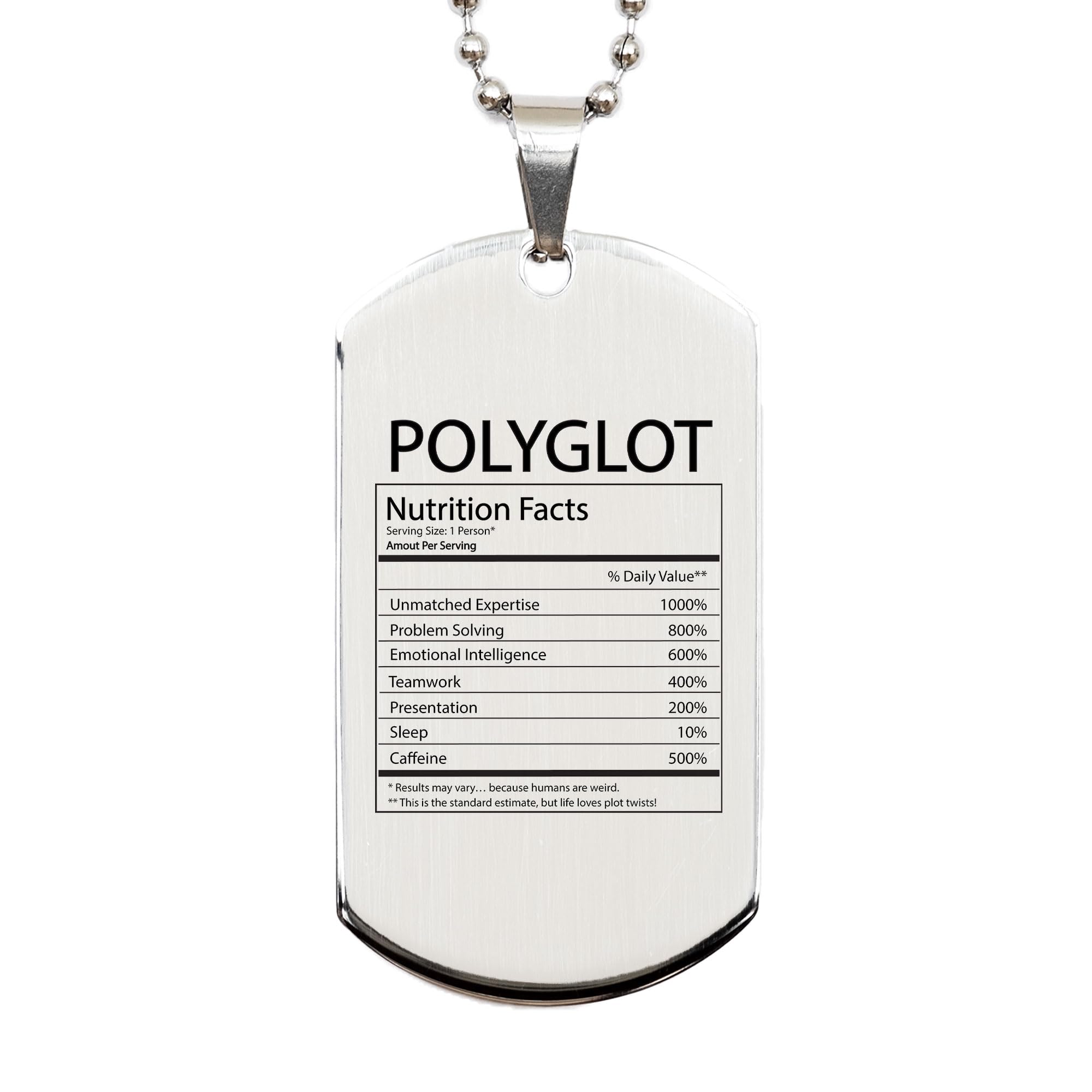 DesiDD Funny Polyglot Gifts - Nutrition Facts Dog Tag Necklace for Coworker Linguist Translator Language Expert - Silver Stainless Steel Pendant for Men & Women - Christmas, Birthday