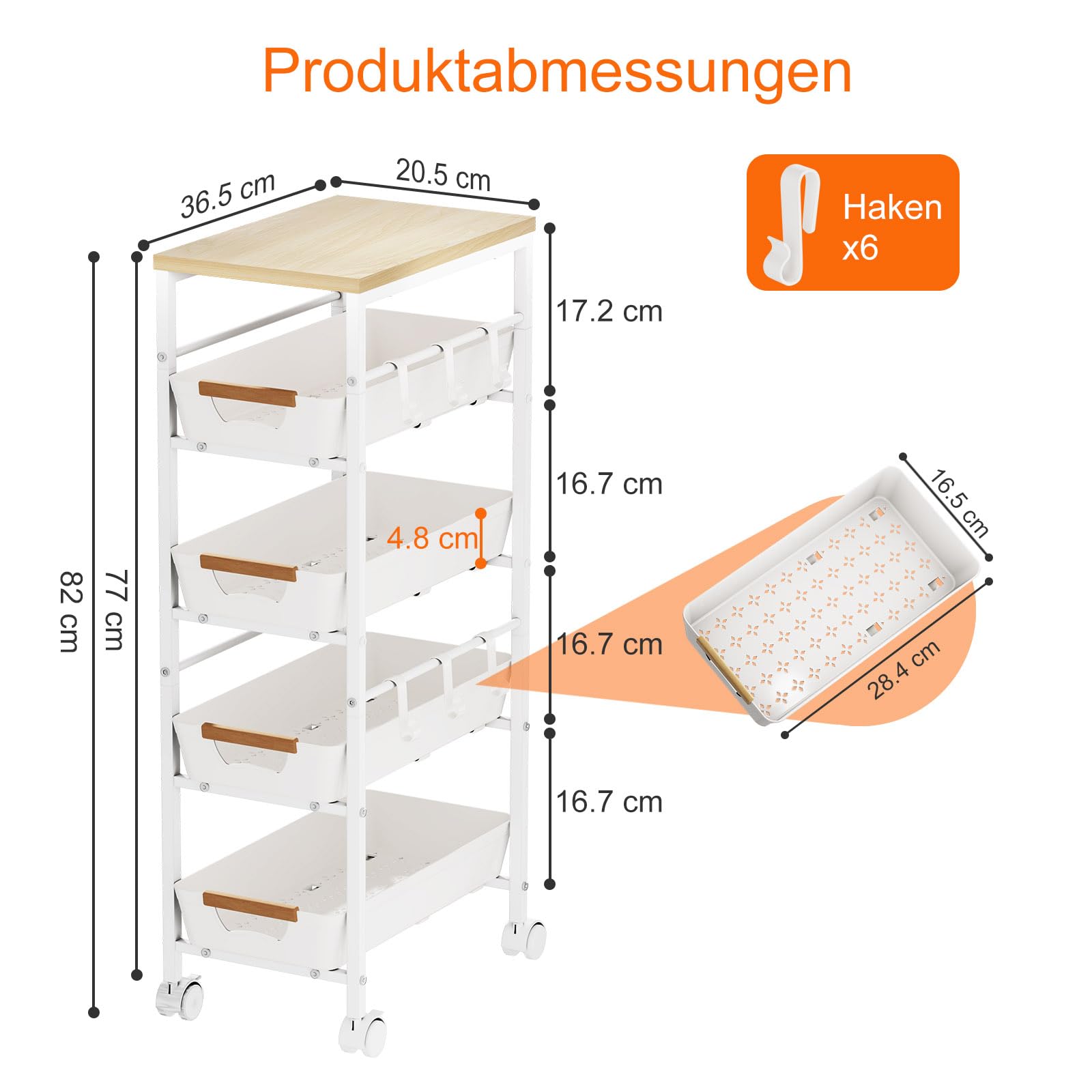 5-étagiger Schmaler Aufbewahrungswagen mit Holzplatte, Rollender Küchenwagen mit Ausziehkörben & Rädern, Schmaler Organizer Schubladenwagen mit Auszug für Küche, Bad, Waschküche, Weiß