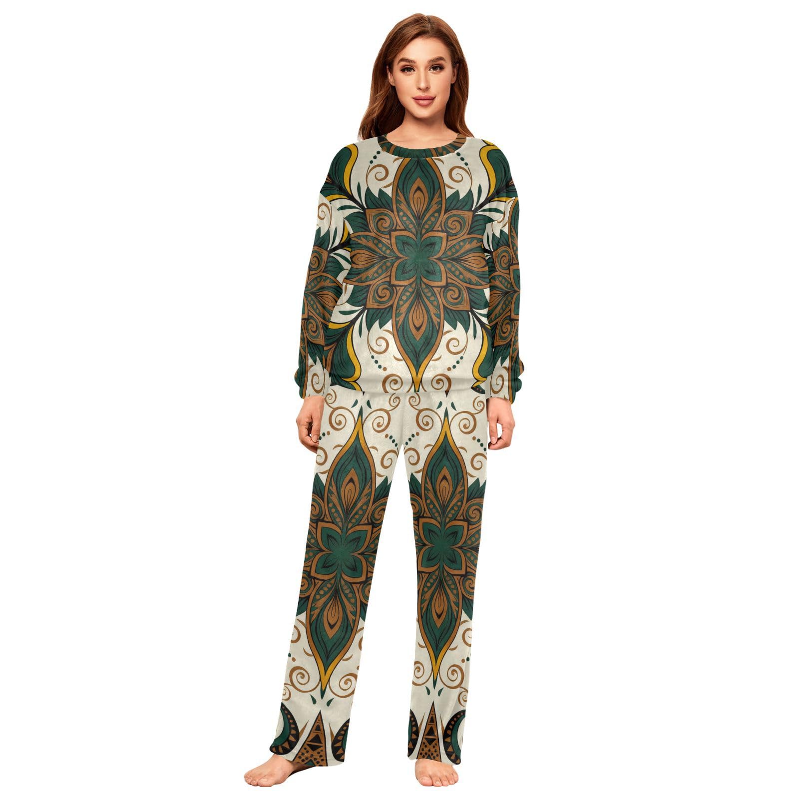 Moda retrò verde marrone Paisley confortevole donna in pile pigiama set pantaloncini set girocollo indumenti da notte