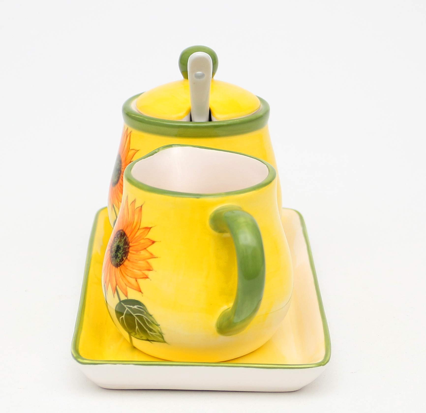Dekohelden24 Dolomite, zuccheriera con Cucchiaio, bricco per Latte e piattino, Set da 3 Pezzi, Motivo: Girasole in Giallo/Verde, Dimensioni Circa 19 x 10,5 cm, 10