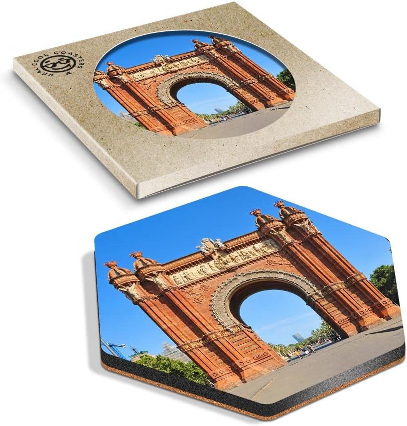 DV DESIGN 1 x Eco Boxed Cork Hexagon Coaster - Arc de Triomf Barcelona Archway Drink Cup Mug Glass Table Protection Mat #12196