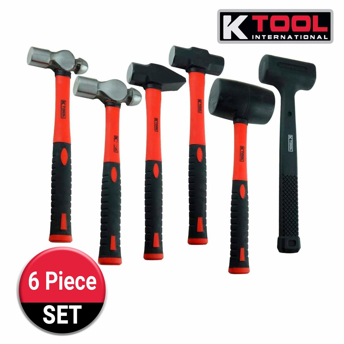 K Tool International 71770 - Juego de 6 martillos para garajes, talleres de reparación y bricolaje, acero al carbono forjado, tratado térmicamente, mango de fibra de vidrio, agarre TPR, trineo, pein