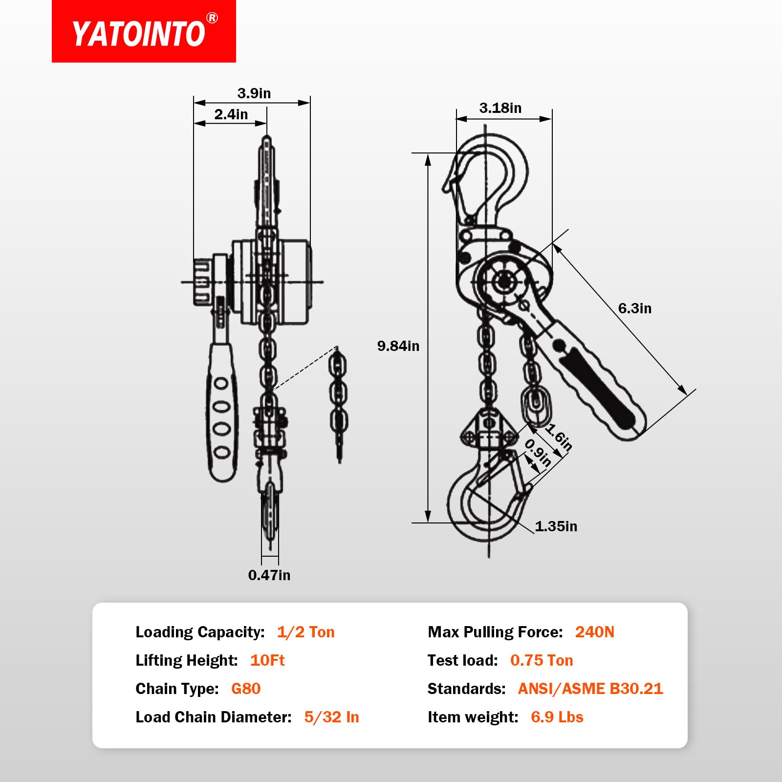 YATOINTO Petit palan à chaîne de 1/2 tonne, capacité de 500 kg, chaîne de levage de 3 m, alliage d'aluminium léger, chaîne en acier haute résistance, palan à chaîne à levier manuel sûr et durable pour