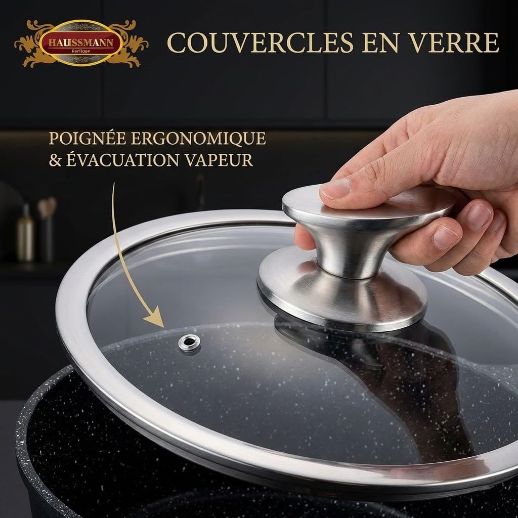 HAUSSMANN Heritage Lot de 3 Casseroles (16/18/20cm) - Fonte d'Alu Façon Pierre - Manches Amovibles & Couvercles Verre - Anti-adhésif Sans PFOA - Tous Feux Induction,Four & Lave-vaisselle - Gain Place