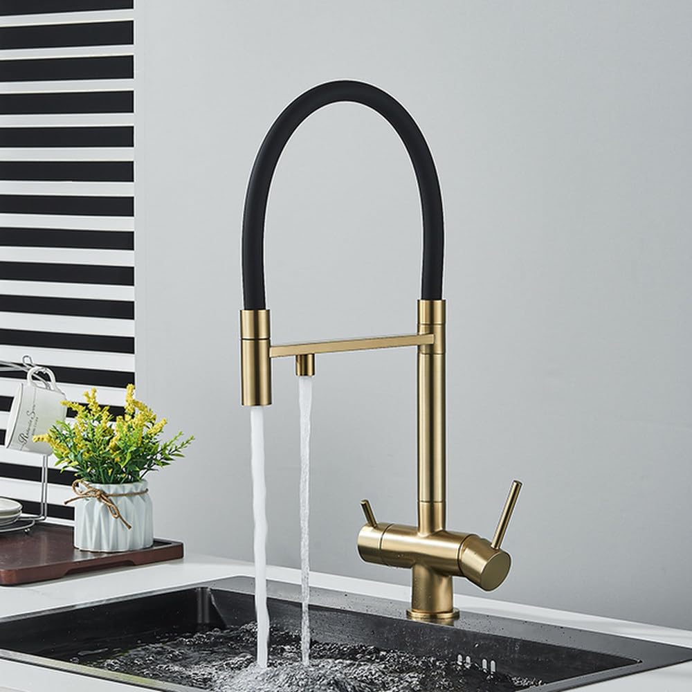FCXWEVR Brushed Gold Kitchen Water Filter Faucet Dual Spout Drinking Water Mixer Tap with Rotating Purification Feature for Clean Fresh Water