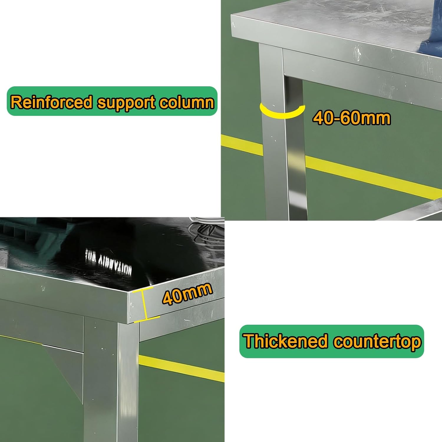 Stainless Steel Table Heavy-Duty Construction Kitchen Work Tables Wide Countertop Adjustable Legs Reinforced Frame Triangular Stabilization Sturdy Crossbeams High Load Capacitility