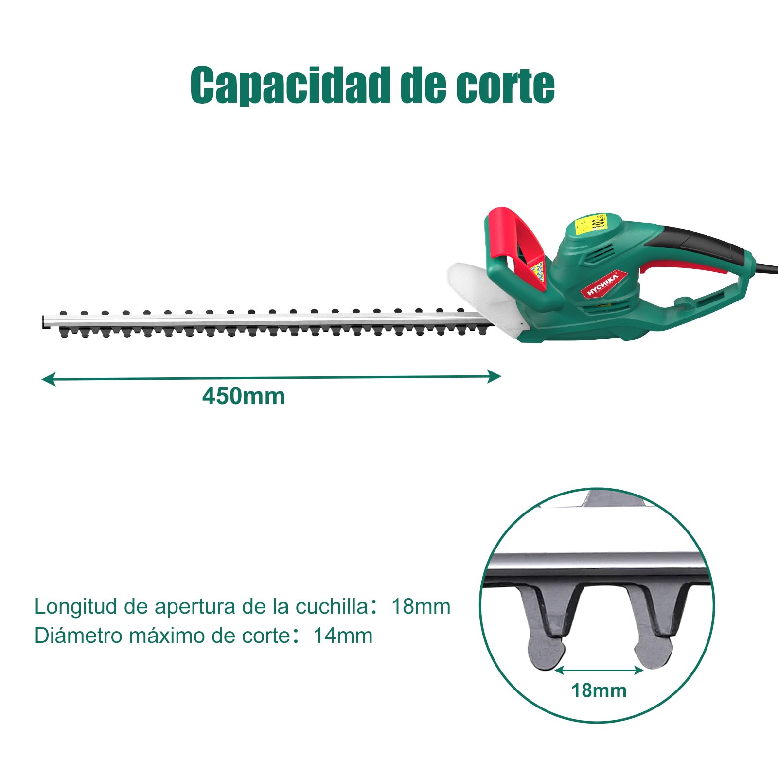 HYCHIKA Cortasetos Electrico Hedge Trimmer 550W, Corta Setos Jardin Electrico, 45 cm Longitud Hoja, 18 mm Espacio Entre Dientes, Doble Interruptor y Doble Asa, para Podar Césped, Arbustos y Setos