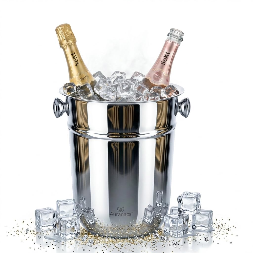 Bahia – Elegante refrigeratore per vino e champagne in acciaio inox lucido (Ø 23 cm) – Raffredda elegantemente su tavolo e bar, robusto, antiruggine, con anelli di trasporto per servire senza