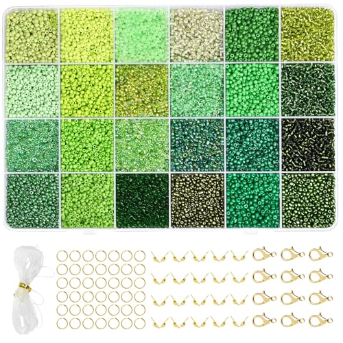 Vtssvow 2mm Glass Seed Beads for Bracelets Making, 24 Colors 22000pcs Friendship Bracelet Making Kit, Small Glass Beads for Jewelry Making (Mix 24 Color, Green)