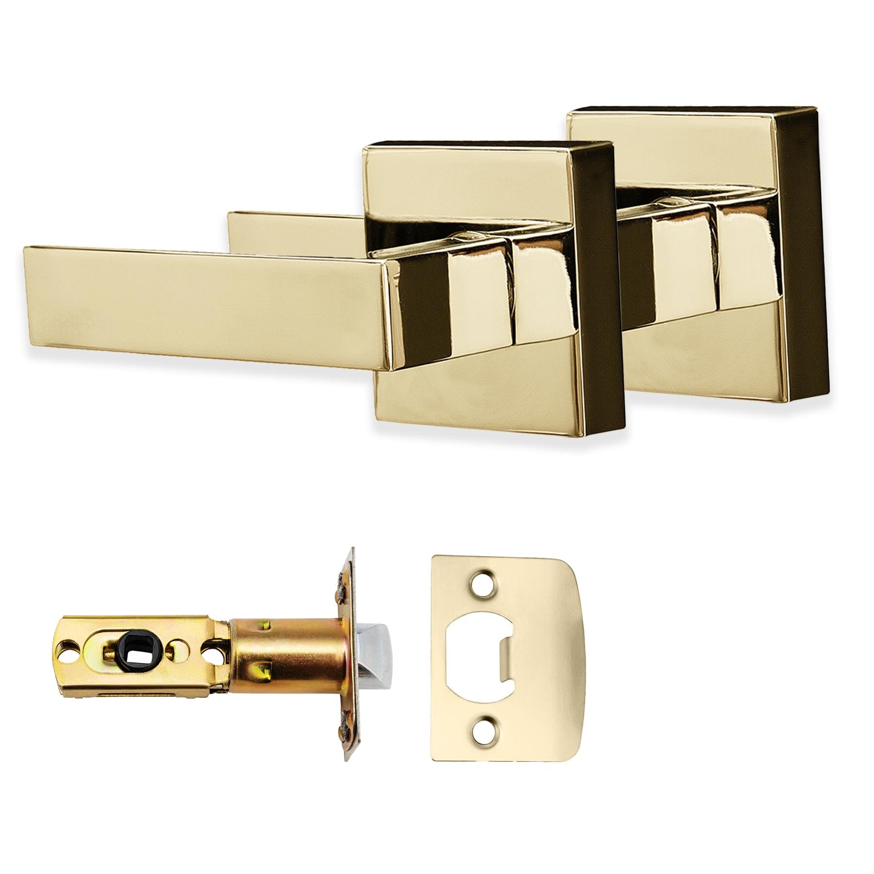 Xfort Polished Brass Quad Passage Knob Set Door Knob For Internal Wooden Doors, Complete Set With Tubular Latch