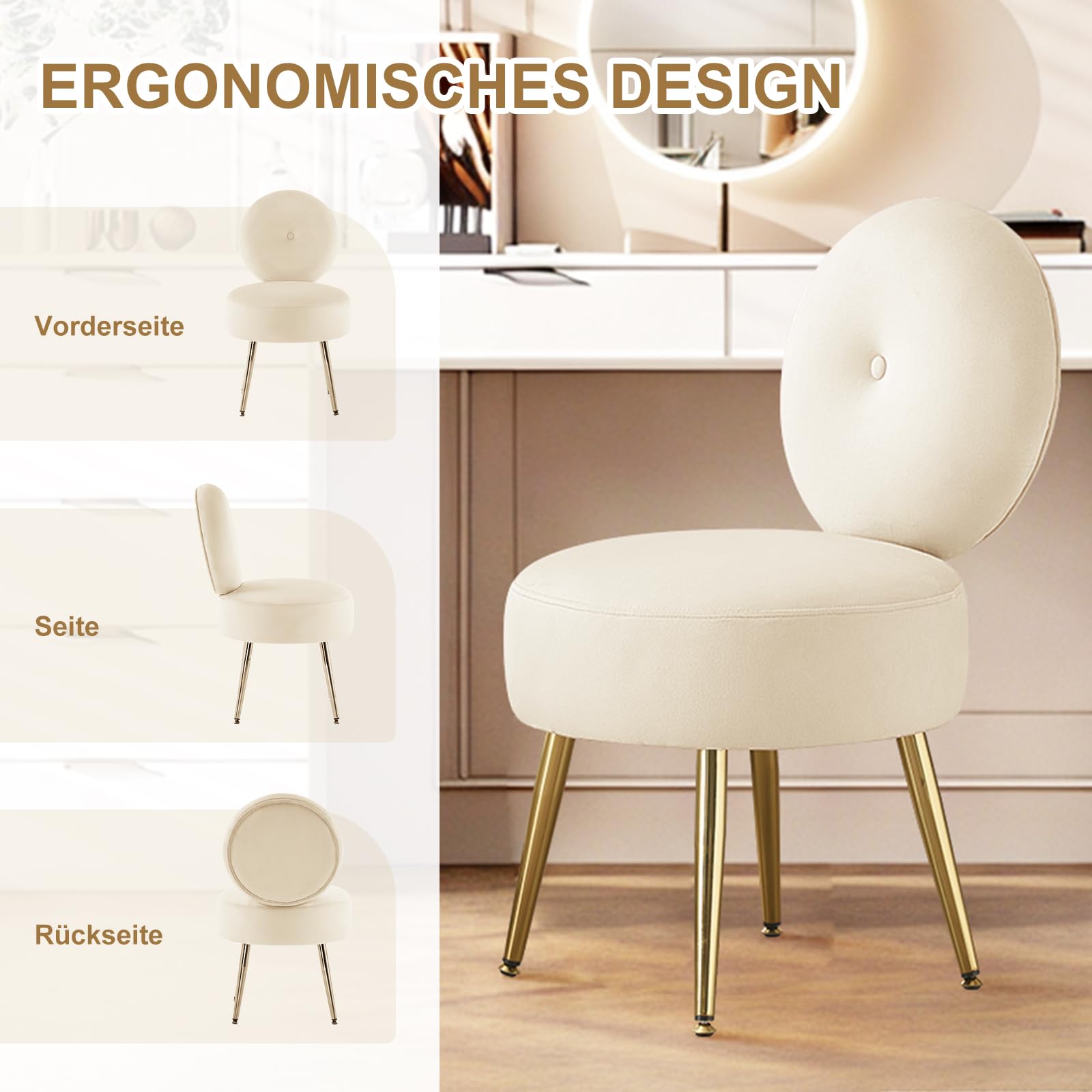 Schminkstuhl Schminktisch Stuhl, Sessel Wohnzimmer mit Rückenlehne & Verstellbaren Goldbeinen, Schreibtischstuhl Esszimmerstuhl Samt für Schlafzimmer Wohnzimmer Kinderzimmer Homeoffice, Beige