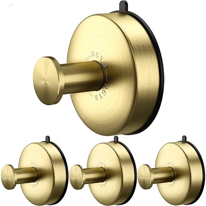 DGYB Gold Shower Hooks for Wall 4 Pcs Heavy Duty Suction Cup Hooks for Shower Waterproof Stainless Steel Bathroom Towel Holder Adhesive Towel Hooks for bathrooms 15 Lb Wall Hooks for Hanging Towels