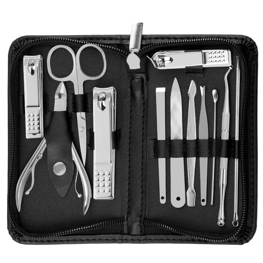SBCGFY Nail Clippers, 12pc Manicure Pedicure Kit with Travel Case, Nail Clippers Set for Women Nail Kit,Black