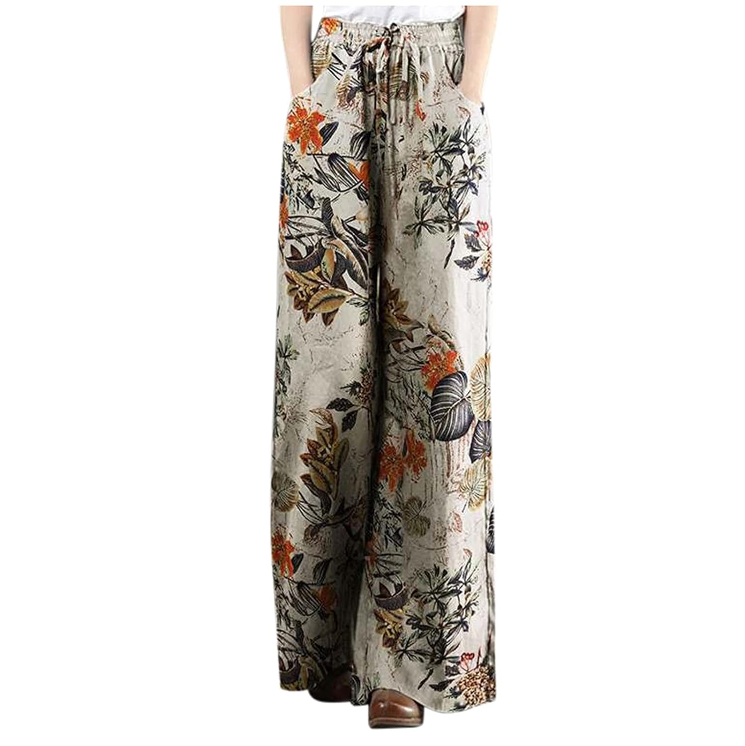 ZYXTIM Floral Casual Pants for Women High Waisted Belted Wide Leg Palazzo Lounge Flowy Pants Beach Trousers with