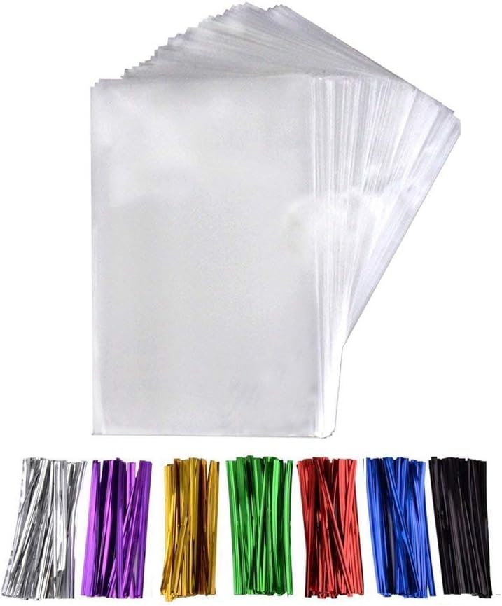 200 Pcs 6 in x 4 in(1.4mil.) Clear Flat Cello Cellophane Treat Bags Good for Bakery, Cookies, Candies,Dessert with five random color Twist Ties