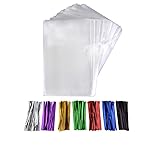 MoloTAR 200 Pcs 6 in x 4 in(1.4mil.) Clear Flat Cello Cellophane Treat Bags Good for Bakery, Cookies, Candies,Dessert with five random color Twist Ties