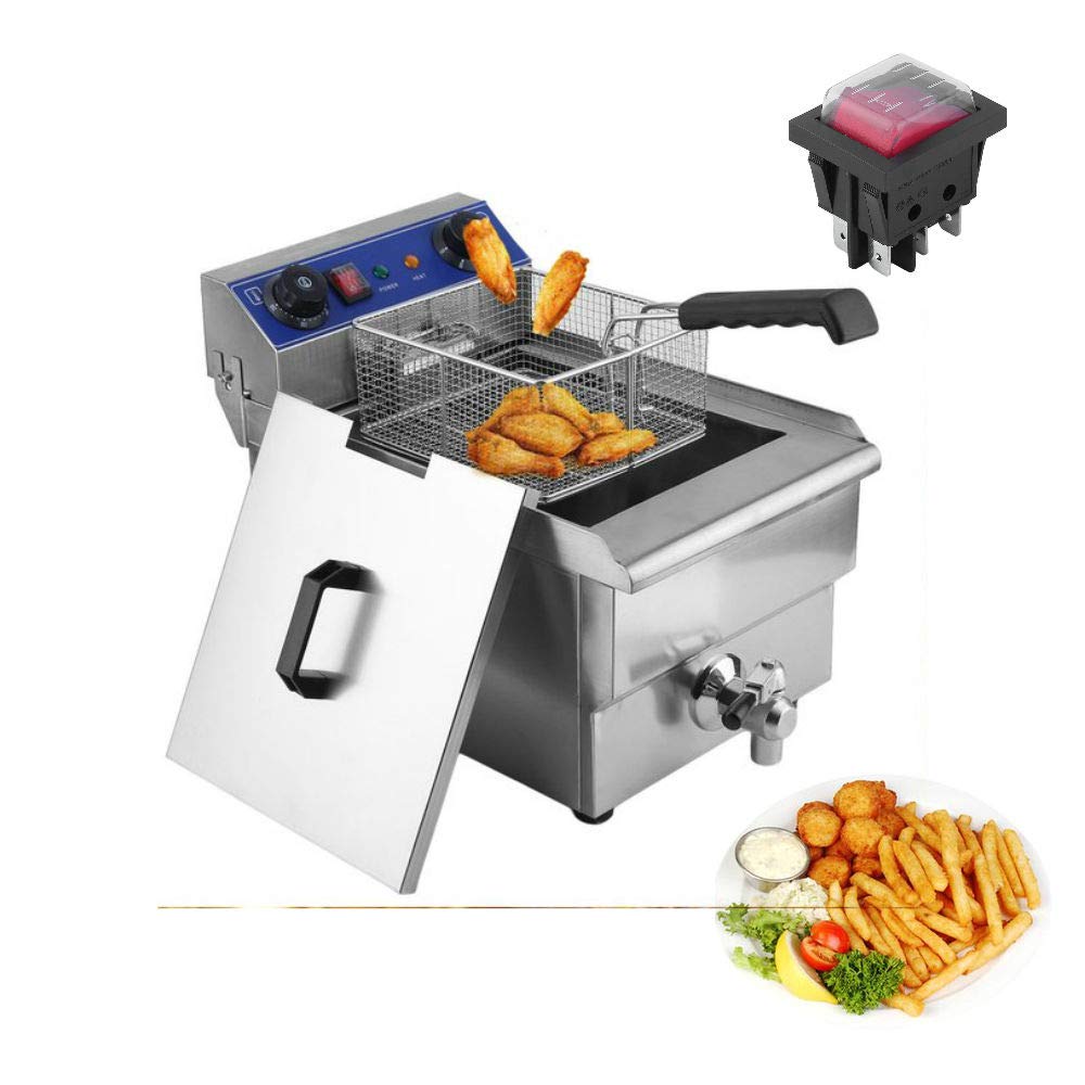 Belovedkai Electric Deep Fryer, 13L/26L Stainless Steel Commercial Electric Deep Fat Fryer Temperature Control Timing Fryer with Drain & Basket,Single Tank/Dual Tank (13L Single Basket)