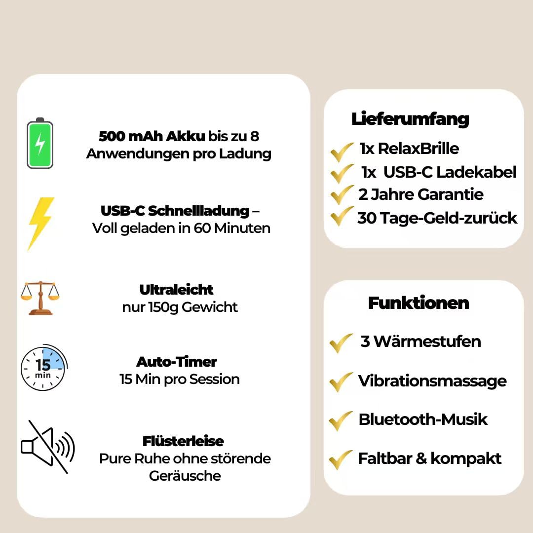 Velanu - RelaxBrille Elektrischer Augenmassagegerät mit Wärme, 7 Modi, Augenmaske, für Frauen, Männer, Freunde, Mama und Papa, Schlafmaske zur Entspannung, Stressabbau und Schlafverbesserung