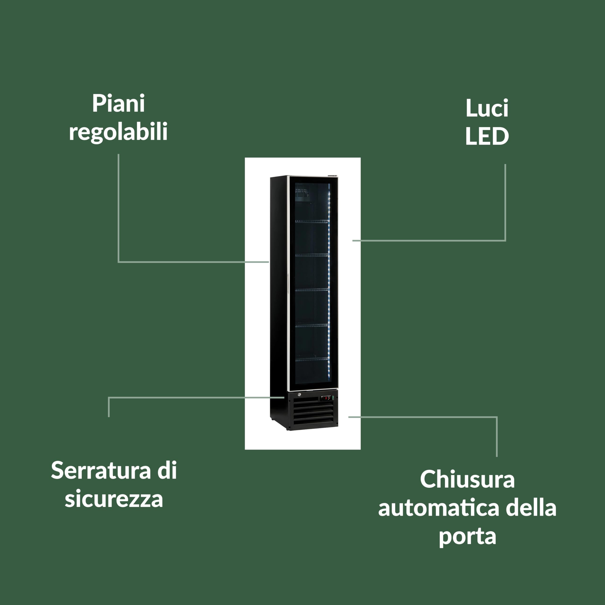 Ristoattrezzature Frigo Vetrina Bibite Verticale SLIM 160 lt - 1 Anta - Nera - +0/+10 °C - 39x47,5x188h cm