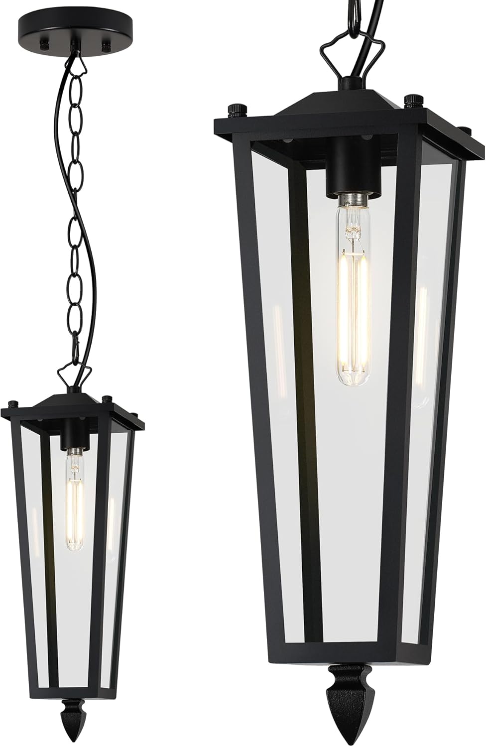 Outdoor Pendant Light, 16" Dusk to Dawn Exterior Chandelier Porch Hanging Light with Clear Glass, Modern Black Outdoor Hanging Lantern for Porchs Gazebo, OS-KY1006