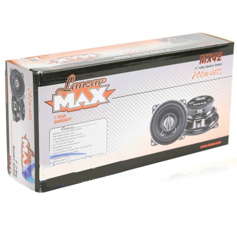 2 LANZAR MX42 MX 42 2-drożne głośniki współosiowe 10 cm 100 mm 4" 120 watt rms 240 watt max do przygotowania samochodu do standardowych obudów, na parę