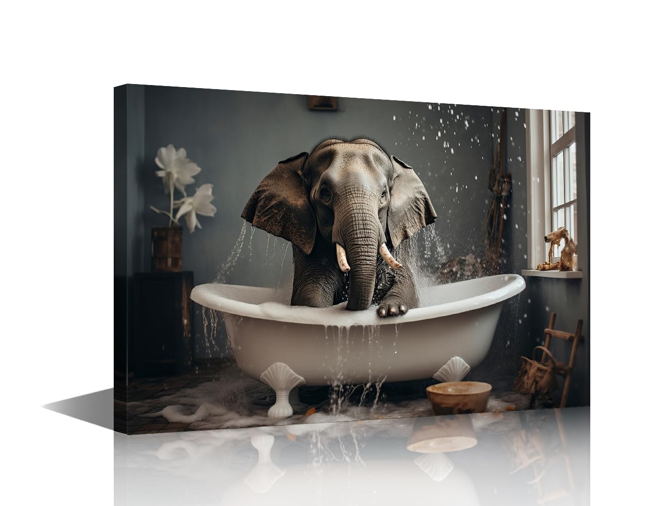Wall Decor for Bedroom 1 Panel Elephant Bathing in a Bathtub Print Picture Paintings Wall Art for Living Room Bathroom Animal Framed Wall Art Bathtub Wall Decorations Ready to Hang (24''Wx 36''H)