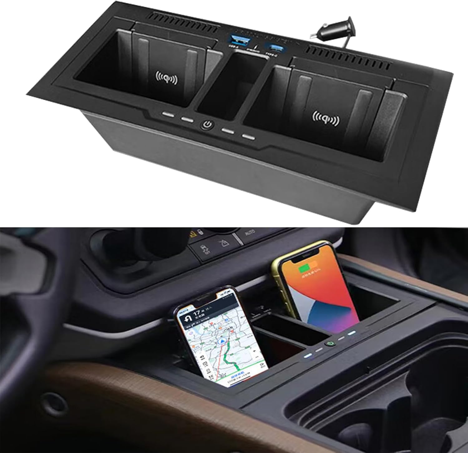 Dual Wireless Car Charger Compatible with Land Rover Defender 90 110 130 2020-2024,15W Dual Wireless Fast Charging Smartphone Charger Tray (NOT Fit for Rover Defender 2025)