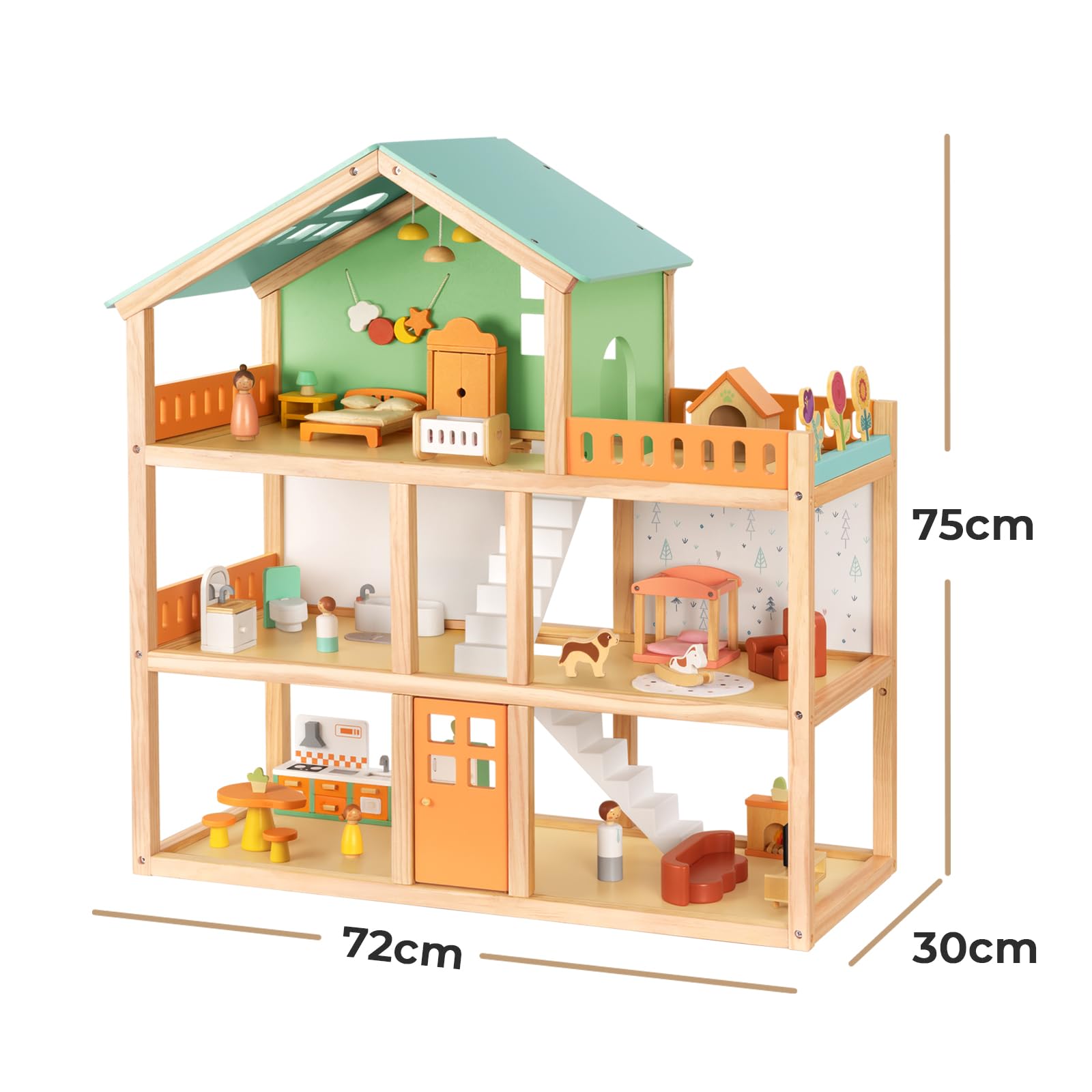 OOOK Puppenhaus aus Holz, 3 Etagen Puppenhausholz Groß mit 6 Räumen, Puppenhaus ab 3 Jahre mit 42 Luxuriösen Möbelzubehör