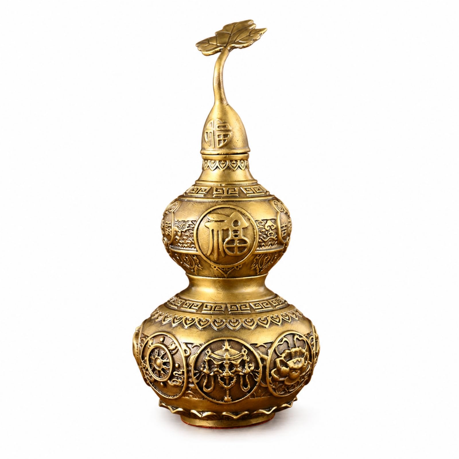 Vaso Decorativo in Ottone Gourd con Coperchio E Finitura Ottone Dorato Scultura con Pannelli Simbolo E Bande Incise Adatto per Mensola Console Studio, 40cm