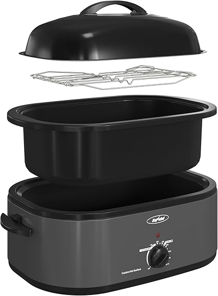 Sunvivi 22lb 18-Quart Electric Roaster Oven with Self-Basting Lid, Turkey Roaster with Unique Defrost/Warm Function, Large Oven with Removable Pan & Rack, Stainless Steel, Grey