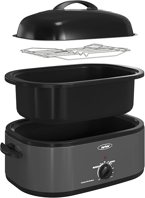 Sunvivi 22lb 18-Quart Electric Roaster Oven with Self-Basting Lid, Turkey Roaster with Unique Defrost/Warm Function, Large Oven with Removable Pan & Rack, Stainless Steel, Grey
