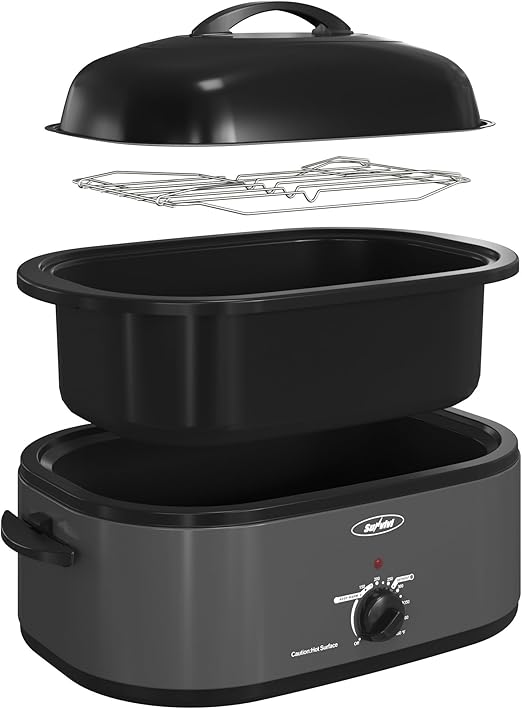 Sunvivi 22lb 18-Quart Electric Roaster Oven with Self-Basting Lid, Turkey Roaster with Unique Defrost/Warm Function, Large Oven with Removable Pan & Rack, Stainless Steel, Grey