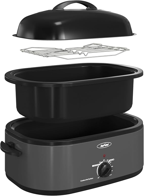 Sunvivi 22lb 18-Quart Electric Roaster Oven with Self-Basting Lid, Turkey Roaster with Unique Defrost/Warm Function, Large Oven with Removable Pan & Rack, Stainless Steel, Grey