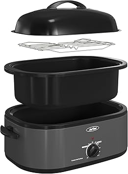Sunvivi 22lb 18-Quart Electric Roaster Oven with Self-Basting Lid, Turkey Roaster with Unique Defrost/Warm Function, Large Oven with Removable Pan & Rack, Stainless Steel, Grey