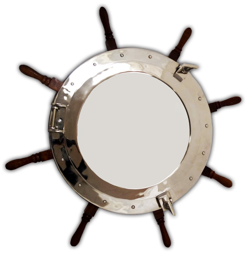 INDIA OVERSEAS TRADING CORP Ship Wheel Frame - 36 inch Diameter Mounted with a 24 inch Chrome Mirror Porthole