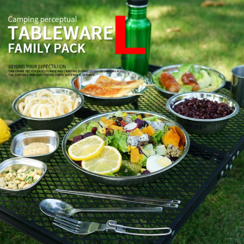 Stainless Steel Plates and Bowls Camping Set Portable Dinnerware Set Dinnerware kit for Kids, Adults, Family Camping Hiking Picnic BBQ Beach Outdoor with Travel Bag (22pcs)