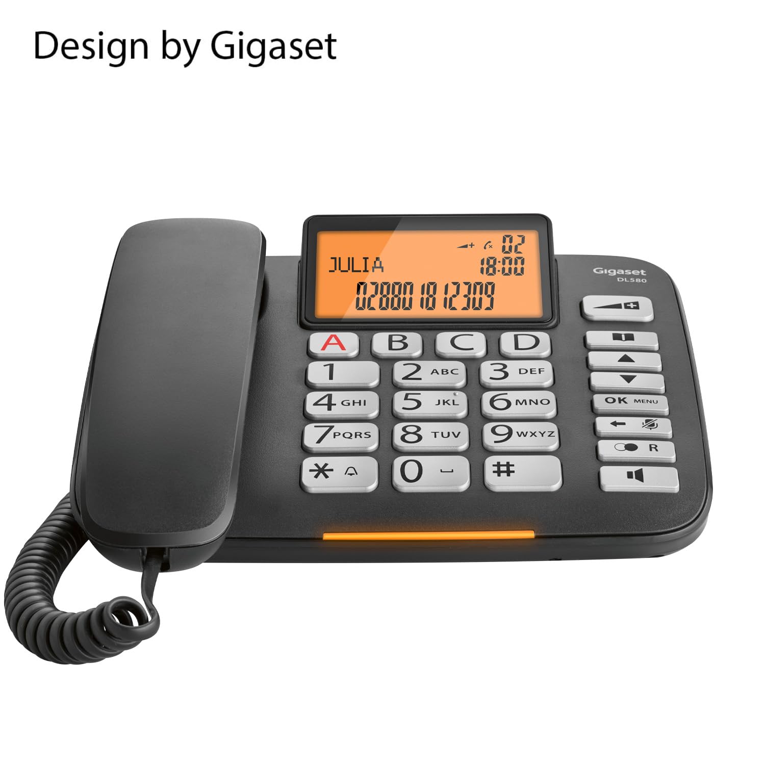 Gigaset DL580 - Telefono a Filo - Ampio Display e Tasti Ergonomici - 99 Contatti - Visualizzazione Chiamata Tramite LED, Nero [Versione Italiana]